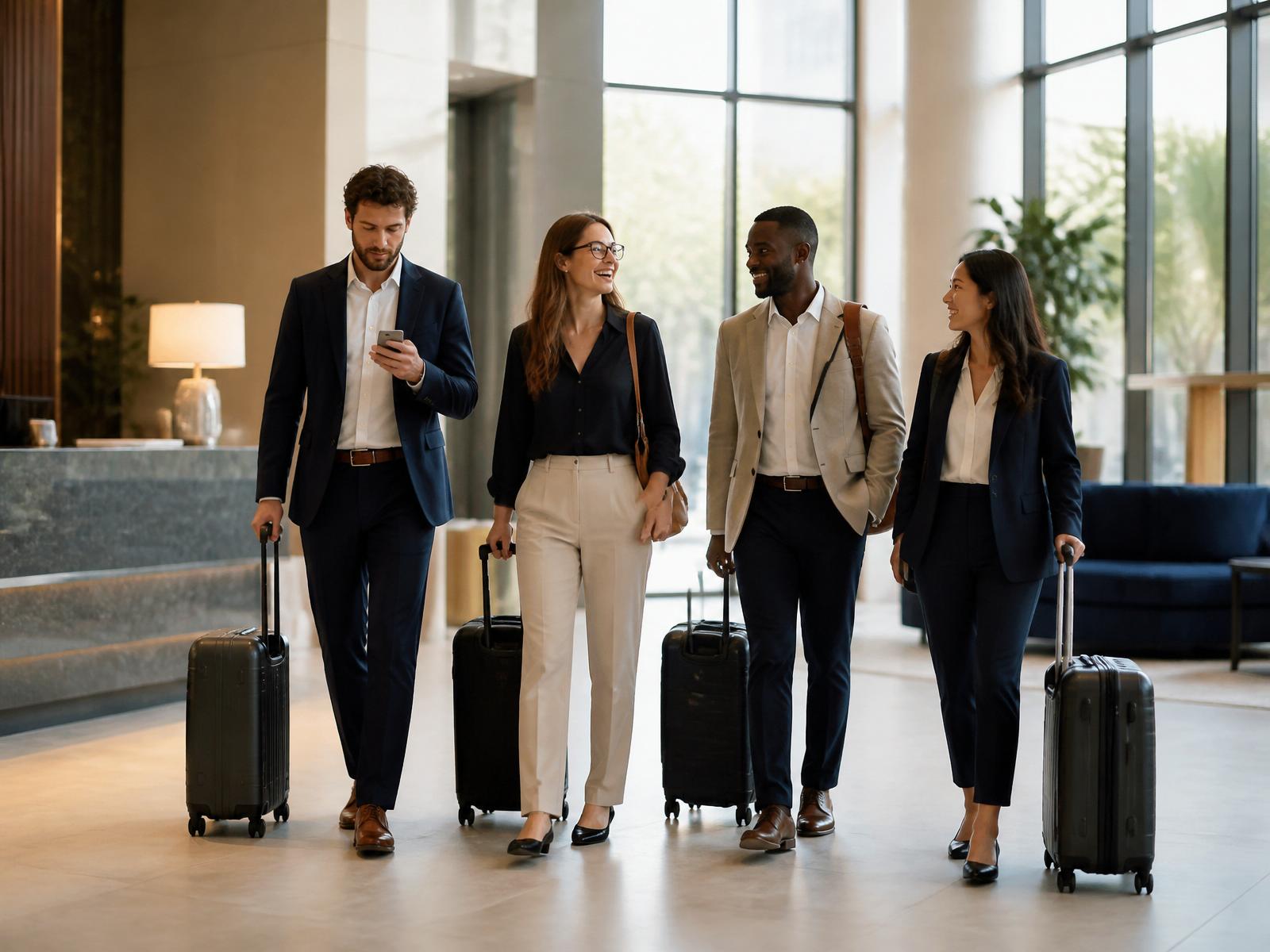 A small business team meeting in a warm hotel lobby