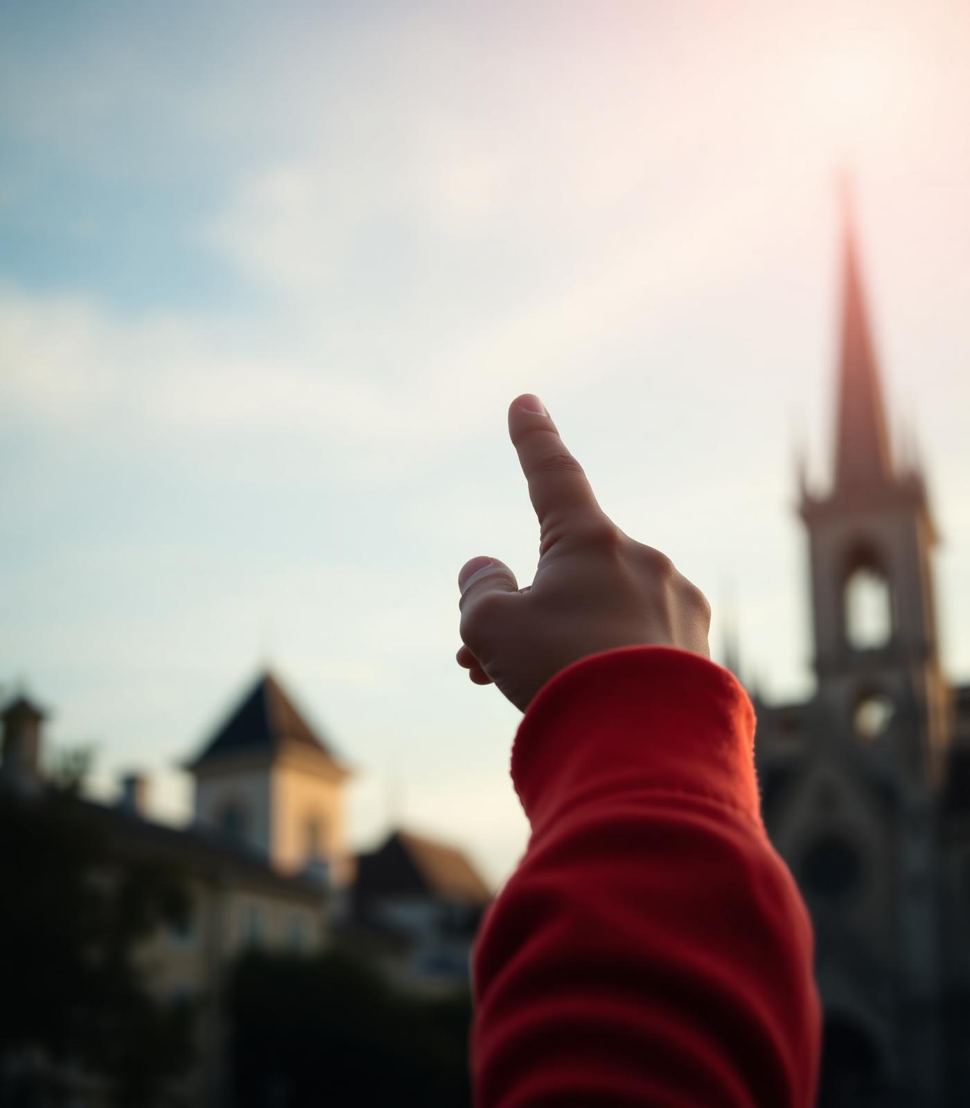 A small child pointing at a European cathedral spire at golden hour