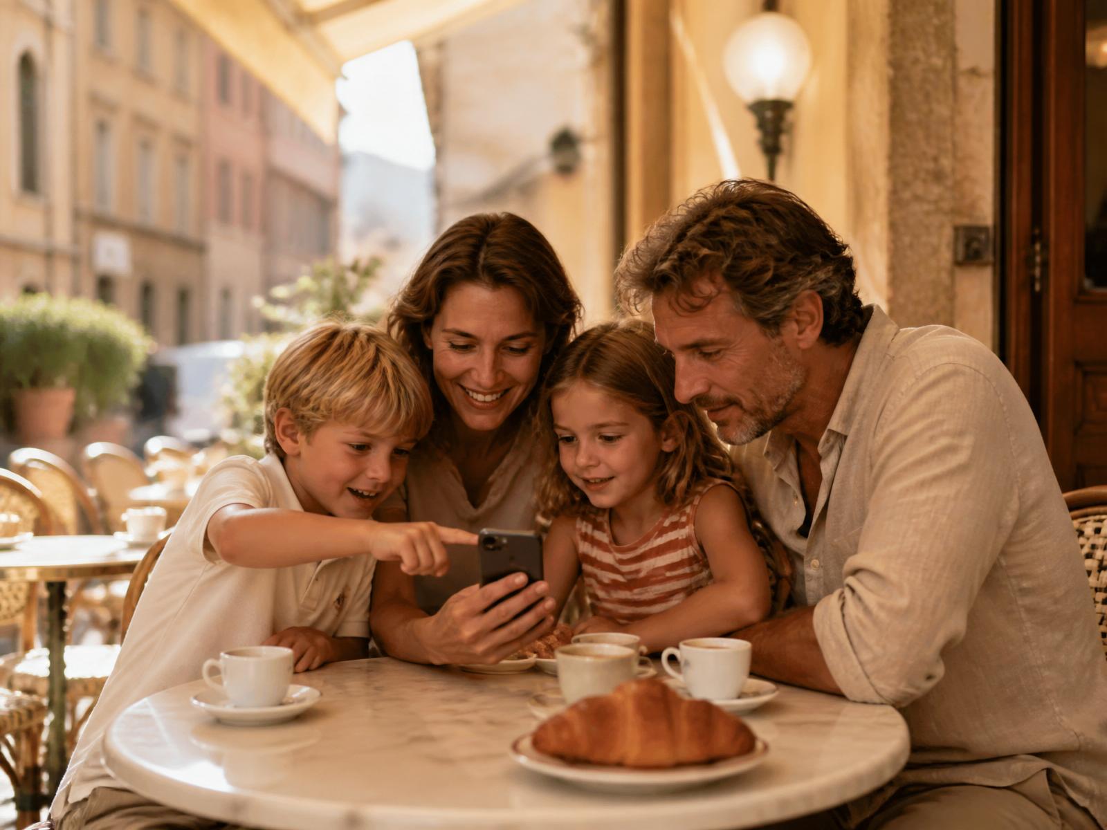 A family looking at a phone together at a European café terrace