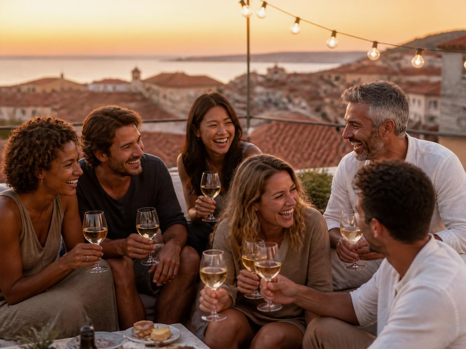 A group of friends toasting on a rooftop at sunset