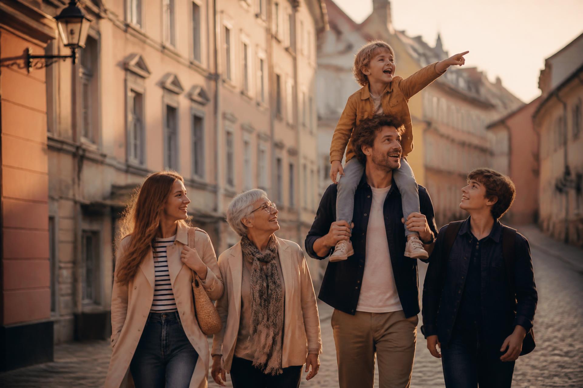 A family walking a European old town street at golden hour